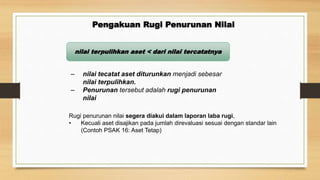 Pengakuan Rugi Penurunan Nilai
nilai terpulihkan aset < dari nilai tercatatnya
– nilai tecatat aset diturunkan menjadi sebesar
nilai terpulihkan.
– Penurunan tersebut adalah rugi penurunan
nilai
Rugi penurunan nilai segera diakui dalam laporan laba rugi,
• Kecuali aset disajikan pada jumlah direvaluasi sesuai dengan standar lain
(Contoh PSAK 16: Aset Tetap)
 