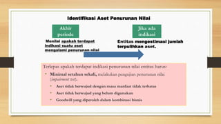 Identifikasi Aset Penurunan Nilai
Terlepas apakah terdapat indikasi penurunan nilai entitas harus:
• Minimal setahun sekali, melakukan pengujian penurunan nilai
(impairment test).
• Aset tidak berwujud dengan masa manfaat tidak terbatas
• Aset tidak berwujud yang belum digunakan
• Goodwill yang diperoleh dalam kombinasi bisnis
Akhir
periode
Jika ada
indikasi
Menilai apakah terdapat
indikasi suatu aset
mengalami penurunan nilai
Entitas mengestimasi jumlah
terpulihkan aset.
 