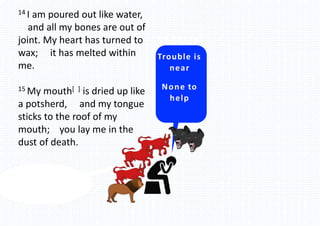 14 I am poured out like water,
and all my bones are out of
joint. My heart has turned to
wax; it has melted within
me.
15 My mouth[d] is dried up like
a potsherd, and my tongue
sticks to the roof of my
mouth; you lay me in the
dust of death.
Be not far
Trouble is
near
None to
help
 