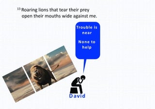 David
Be not far
Trouble is
near
None to
help
13 Roaring lions that tear their prey
open their mouths wide against me.
 