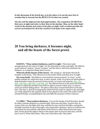 In this discussion of the fourth day, as in the others, it is not the mere fact of
creation that is stressed, but the RESULTS of what was created.
The day and the night provide dual opportunities. The young lions SEARCH for
their prey at night and retire to their dens in the daytime. Man, on the other hand
works in the daytime and retires to his place at night. God's creation provides the
correct environment for all of the creatures God made to live upon earth.
20 You bring darkness, it becomes night,
and all the beasts of the forest prowl.
BAR ES, "Thou makest darkness, and it is night - Thou hast made
arrangements for the return of night - for the alternations of day and night. The Hebrew
word rendered “makest,” means “to place;” and the idea is, that God constitutes the
darkness, or so disposes things that it occurs.
Wherein all the beasts of the forest - The margin is, “the beasts thereof do
trample on the forest.” The reference is to the beasts which seek their prey at night.
Do creep forth - The Hebrew word used here means properly “to creep,” as the
smaller animals do, which have feet, as mice, lizards, crabs, or as those do which glide or
drag themselves upon the ground, having no feet, as worms and serpents. Gen_1:21,
Gen_1:26, Gen_1:28, Gen_1:30; Gen_9:2. The allusion here is to the quiet and noiseless
manner in which the animals come forth at night in search of their prey, or seem to
crawl out of their hiding-places - the places where they conceal themselves in the day-
time. The idea is, that the arrangements which God has made in regard to day and night
are wisely adapted to the animals which he has placed on the earth. The earth is full of
animated beings, accomplishing by day and night the purposes of their existence.
CLARKE, "Thou makest darkness - It is not the design of God that there should
be either constant darkness or constant light. That man may labor, he gives him, by
means of the sun, the light of the day; and that he may rest from his labor, and get his
strength recruited, he gives him night, and comparative darkness. And as it would not be
convenient for man and the wild beasts of the forest to collect their food at the same
time, he has given the night to them as the proper time to procure their prey, and the
day to rest in. When Man labors, They rest; when Man rests, They labor.
 