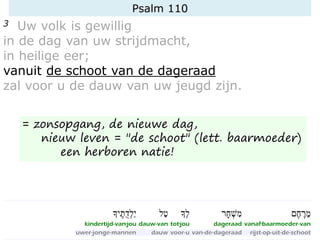 Psalm 110
3 Uw volk is gewillig
in de dag van uw strijdmacht,
in heilige eer;
vanuit de schoot van de dageraad
zal voor u de dauw van uw jeugd zijn.
= zonsopgang, de nieuwe dag,
nieuw leven = "de schoot" (lett. baarmoeder)
een herboren natie!
 