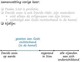 samenvatting vorige keer:
❑ Psalm 110 is profetie;
❑ Davids zoon is ook Davids Héér, zijn meerdere:
▪ niet alleen de erfgenaam van zijn troon;
▪ verhóógd aan Gods rechterhand in de hemel.
❑ tijdlijn:
Davids zoon
op aarde
gezeten aan Gods
rechterhand
(in de hemel)
regerend
in Sion
alle vijanden
aan zich
onderschikkend
 