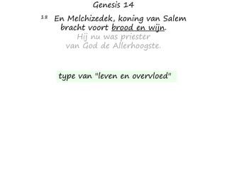 Genesis 14
18 En Melchizedek, koning van Salem
bracht voort brood en wijn.
Hij nu was priester
van God de Allerhoogste.
type van "leven en overvloed"
 