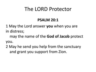 The LORD Protector
PSALM 20:1
1 May the Lord answer you when you are
in distress;
may the name of the God of Jacob protect
you.
2 May he send you help from the sanctuary
and grant you support from Zion.
 