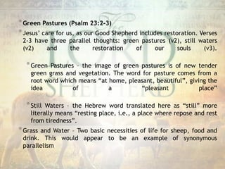 *Green Pastures (Psalm 23:2-3)
*Jesus’ care for us, as our Good Shepherd includes restoration. Verses
2-3 have three parallel thoughts: green pastures (v2), still waters
(v2) and the restoration of our souls (v3).
*Green Pastures – the image of green pastures is of new tender
green grass and vegetation. The word for pasture comes from a
root word which means “at home, pleasant, beautiful”, giving the
idea of a “pleasant place”
*Still Waters – the Hebrew word translated here as “still” more
literally means “resting place, i.e., a place where repose and rest
from tiredness”.
*Grass and Water – Two basic necessities of life for sheep, food and
drink. This would appear to be an example of synonymous
parallelism
 