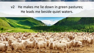 v2 He makes me lie down in green pastures;
He leads me beside quiet waters.
 
