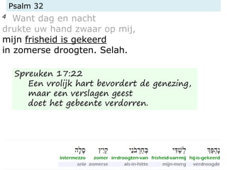 Psalm 32
4 Want dag en nacht
drukte uw hand zwaar op mij,
mijn frisheid is gekeerd
in zomerse droogten. Selah.
Spreuken 17:22
Een vrolijk hart bevordert de genezing,
maar een verslagen geest
doet het gebeente verdorren.
 