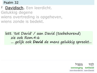 Psalm 32
1 Davidisch. Een leerdicht.
Gelukkig degene
wiens overtreding is opgeheven,
wiens zonde is bedekt.
lett. 'tot David' / aan David (toebehorend)
zie ook Rom.4:6
... gelijk ook David de mens gelukkig spreekt...
 