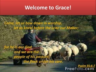 Welcome to Grace!
Come, let us bow down in worship,
let us kneel before the LORD our Maker;
for he is our God
and we are the
people of his pasture,
the flock under his care.
Psalm 95:6-7
 
