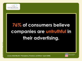 76% of consumers believe
      companies are untruthful in
          their advertising.


source | Bold Mouth’s “Perceptions, Practices, and Ethics” report (2006)
 