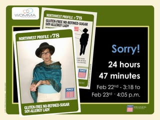 Sorry!
     24 hours
   47 minutes
  Feb 22nd - 3:18 to
Feb 23rd - 4:05 p.m.
 