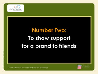Number Two:
                     To show support
                  for a brand to friends


source | Report co-authored by CoTweet and ExactTarget
 