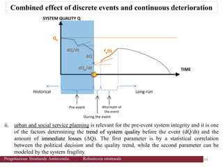 - Aftermath of
the event
-
ii. urban and social service planning is relevant for the pre-event system integrity and it is one
of the factors determining the trend of system quality before the event (dQ/dt) and the
amount of immediate losses (ΔQ). The first parameter is by a statistical correlation
between the political decision and the quality trend, while the second parameter can be
modeled by the system fragility.
Combined effect of discrete events and continuous deterioration
104 104
Progettazione Strutturale Antincendio Robustezza strutturale
 
