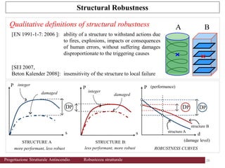 Qualitative definitions of structural robustness
[EN 1991-1-7: 2006 ]: ability of a structure to withstand actions due
to fires, explosions, impacts or consequences
of human errors, without suffering damages
disproportionate to the triggering causes
[SEI 2007,
Beton Kalender 2008]: insensitivity of the structure to local failure
structure B
d
P
s
STRUCTURE B:
P
s
ROBUSTNESS CURVES
P (performance)
structure A
STRUCTURE A
damaged
integer
DP
damaged
more performant, less resistant
integer
(damage level)
DP
DP
more performant, less robust less performant, more robust
Structural Robustness
A B
26 26
Progettazione Strutturale Antincendio Robustezza strutturale
 