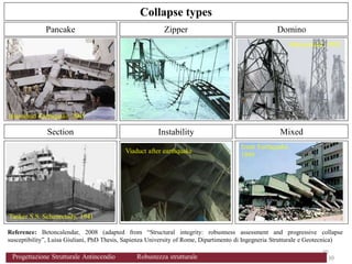Initial load-bearing element failure that
triggers the rigid fall of a part of the
structure onto another and leads to a
sequential impacts on the rest of the
structure, that collapses on itself.
Characteristic feature is the force
redistribution into alternative paths,
impulsive loading due to sudden element
failure and force concentration in elements
to fail next.
Zipper Domino
Section Instability Mixed
Pancake
Initial cross-section cut and stress
concentration that cause the rupture of
further cross-sectional parts (fast fracture)
and failure progression throughout the
entire section.
Initial element rigid overturning and
falling over another element, that, by
means of transformation of potential into
kinetic energy, trigger the overturning of
the following element.
The destabilization of some load-carrying
elements in compression due to an initial
failure of stabilizing elements can trigger a
failure progression throughout the
structure.
Some collapses are less amenable to
generalization because the relative
importance of the contributing basic
categories of collapse can vary and
combine in progression of failures.
- DOMINO + PANCAKE
(e.g. A.P.Murrah Building, Building
during Izmit Earquake)
- ZIPPER + INSTABILITY
(e.g. cable-stayed bridges)
Reference: Betoncalendar, 2008 (adapted from “Structural integrity: robustness assessment and progressive collapse
susceptibility”, Luisa Giuliani, PhD Thesis, Sapienza University of Rome, Dipartimento di Ingegneria Strutturale e Geotecnica)
Collapse types
Islamabad Earthquake 2005
Münsterland, 2005
Viaduct after earthquake
Izmit Earthquake
1999
Tanker S.S. Schenectady, 1941
30
Progettazione Strutturale Antincendio Robustezza strutturale francesco.petrini@uniroma1.it
30 30
Progettazione Strutturale Antincendio Robustezza strutturale
 