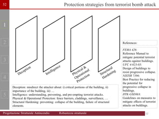 Protection strategies from terrorist bomb attack
FEMA 426:
Reference Manual to
mitigate potential terrorist
attacks against buildings.
UFC 4-023-03:
Design of buildings to
resist progressive collapse.
NISTIR 7396:
Best Practice for reducing
the potential for
progressive collapse in
buildings.
IITK-GSDMA:
Guidelines on measures to
mitigate effects of terrorist
attacks on buildings.
References:
Deception: misdirect the attacker about: i) critical portions of the building, ii)
importance of the building, iii) …
Intelligence: understanding, preventing, and pre-empting terrorist attacks.
Physical & Operational Protection: fence barriers, claddings, surveillance, …
Structural Hardening: preventing: collapse of the building, failure of structural
elements.
1
2
3
4
5
52
52
52
Progettazione Strutturale Antincendio Robustezza strutturale
 