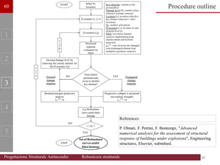 Increase damage level by
removing the critical element for
the D-scenario (i;j)
Does failure
spontaneously
occur to another
key element?
YES
D-scenario (i;j)
Structural
response
evaluation by
NDA
Progressive collapse is presumed
(no residual strength)
λ%
(i;j)
= 0
Residual strength (pushover)
analysis
λ%
(i;j)
>0
Key elements: columnsat the
ground floor.
Damage level (N): numberof key
elements instantly removed.
Location (L): position of the first
key element removed (≡ blast
location).
NL: number of locations.
D-scenario (i; j): location (i) and
damage level (j).
NDA: non linear dynamic
analysis implementing large
displacements and inelastic
materials.
λ%
(i;j)
: ratio between the damaged
and undamaged ultimate load
multiplier (pushover analysis).
i = NL ?
YES
Select NL
locations
L
=
i
+
1
N
=
j
+
1
(i,j) Robustness
curve under blast
damage
Setof Robustness
curves under
blastdamage
START
STOP
NO
NO
Arrested
damage
response
Propagated
damage
response
D-scenario (i; j=1)
1
2
3
4
5
Procedure outline
P. Olmati, F. Petrini, F. Bontempi, "Advanced
numerical analyses for the assessment of structural
response of buildings under explosions", Engineering
structures, Elsevier, submitted.
References:
60
60
60
Progettazione Strutturale Antincendio Robustezza strutturale
 