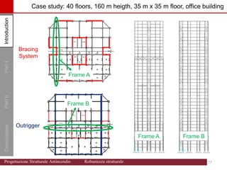 Introduction
Part
I
Conclusions
Part
II
Outrigger
Bracing
System
Frame B
Frame A
Frame B
Frame A
Case study: 40 floors, 160 m heigth, 35 m x 35 m floor, office building
Introduction
77 77
Progettazione Strutturale Antincendio Robustezza strutturale
 