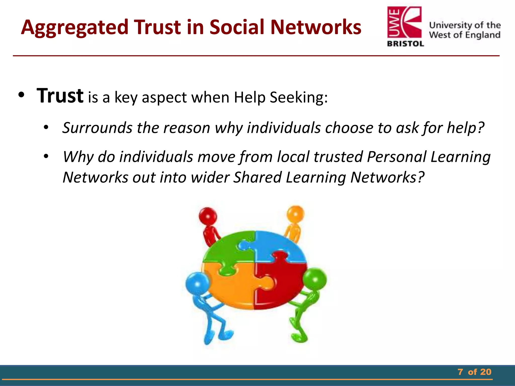 7 of 20
Aggregated Trust in Social Networks
• Trust is a key aspect when Help Seeking:
• Surrounds the reason why individuals choose to ask for help?
• Why do individuals move from local trusted Personal Learning
Networks out into wider Shared Learning Networks?
 