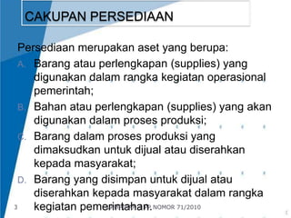 CAKUPAN PERSEDIAAN 
Persediaan merupakan aset yang berupa: 
A. Barang atau perlengkapan (supplies) yang 
digunakan dalam rangka kegiatan operasional 
pemerintah; 
B. Bahan atau perlengkapan (supplies) yang akan 
digunakan dalam proses produksi; 
C. Barang dalam proses produksi yang 
dimaksudkan untuk dijual atau diserahkan 
kepada masyarakat; 
D. Barang yang disimpan untuk dijual atau 
diserahkan kepada masyarakat dalam rangka 
3 kegiatan pemerintahan. 
LAMPIRAN 1 PP NOMOR 71/2010 
 