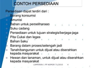 Persediaan dapat terdiri dari : 
 Barang konsumsi 
 Amunisi 
 Bahan untuk pemeliharaan 
 Suku cadang 
 Persediaan untuk tujuan strategis/berjaga-jaga 
 Pita Cukai dan leges 
 Bahan baku 
 Barang dalam proses/setengah jadi 
 Tanah/bangunan untuk dijual atau diserahkan 
kepada masyarakat 
 Hewan dan tanaman, untuk dijual atau diserahkan 
kepada masyarakat 
4 
CONTOH PERSEDIAAN 
LAMPIRAN 1 PP NOMOR 71/2010 
 
