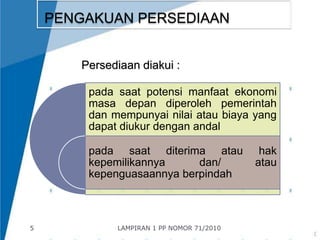 5 
PENGAKUAN PERSEDIAAN 
Persediaan diakui : 
pada saat potensi manfaat ekonomi 
masa depan diperoleh pemerintah 
dan mempunyai nilai atau biaya yang 
dapat diukur dengan andal 
pada saat diterima atau hak 
kepemilikannya dan/ atau 
kepenguasaannya berpindah 
LAMPIRAN 1 PP NOMOR 71/2010 
 