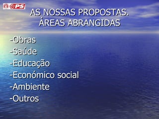 AS NOSSAS PROPOSTAS. ÁREAS ABRANGIDAS -Obras -Saúde -Educação -Económico social -Ambiente -Outros 