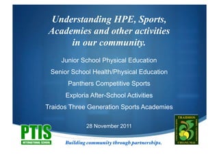 Understanding HPE, Sports,
                  Academies and other activities
                       in our community.
                          Junior School Physical Education
                       Senior School Health/Physical Education
                            Panthers Competitive Sports
                           Exploria After-School Activities
                Traidos Three Generation Sports Academies

                                   28 November 2011

INTERNATIONAL SCHOOL       Building community through partnerships.!
 