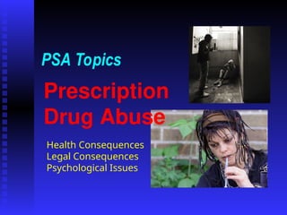 Prescription
Drug Abuse
PSA Topics
Health Consequences
Legal Consequences
Psychological Issues
 