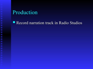 Production
 Record narration track in Radio Studios
Record narration track in Radio Studios
 