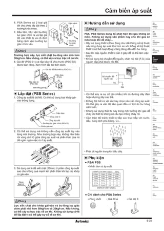 E-25
(A)
Photo
electric
sensor
(B)
Fiber
optic
sensor
(C)
Door/Area
sensor
(D)
Proximity
sensor
(E)
Pressure
sensor
(F)
Rotary
encoder
(G)
Connector/
Socket
(H)
Temp.
controller
(I)
SSR/
Power
controller
(J)
Counter
(K)
Timer
(L)
Panel
meter
(M)
Tacho/
Speed/ Pulse
meter
(N)
Display
unit
(O)
Sensor
controller
(P)
Switching
mode power
supply
(Q)
Stepper
motor
DriverController
(R)
Graphic/
Logic
panel
(S)
Field
network
device
(T)
Software
(U)
Other
Cảm biến áp suất
1. Cổng áp suất là bộ M5. Có thể sử dụng loại khớp gài-
vào thông dụng.
2. Có thể sử dụng mà không cần cổng áp suất tùy vào
từng môi trường. Như trường hợp này, không nên tháo
rời vòng chữ O giữa cổng áp suất và phần thân của nó
để ngăn ngừa việc rò rỉ áp suất.
3. Sử dụng cờ lê để siết chặt (10mm) ở phần cổng áp suất
sao cho không quá mạnh lên phần thân khi lắp ráp khớp
co gài-vào.
6. PSA Series có 2 loại giá
đỡ cho phép lắp đặt theo 2
hướng khác nhau.
7. Đầu tiên, hãy vặn bu-lông
lục giác chìm ra và lắp giá
đỡ vào thiết bị và cố định
bằng cách vặn bu-lông lục
giác chìm vào.
8. Giá đỡ (PSO-01) và nắp bảo vệ phía trước (PSO-02)
được bán riêng. Xem hình lắp đặt bên dưới.
±1.020㎏f/㎠ -1.034㎏f/㎠ 1.020㎏f/㎠ 10.20㎏f/㎠
±14.50㎰i -14.70㎰i 14.50㎰i 145.0㎰i
±1.000bar -1.013bar 1.000bar 10.00bar
±750㎜hg -760㎜hg ×10 ×10
±29.5inHg -29.9inHg ×100 ×100
±102.0㎜H2O -103.4㎜H2O ×1000 ×1000
DISPLAY UNIT LABEL
±100kPa ±101.3kPa 100kPa 1MPa
● PSA/ PSB
• Nhãn đơn vị áp suất
● Chỉ dành cho PSA Series
• Cổng chốt • Giá đỡ A • Giá đỡ B
Phụ kiện
Lắp đặt (PSB Series)
Đất
F.G.
+
-
Bộ chuyển đổi
nguồn cấp
PSA, PSB Series dùng để phát hiện khí gas không ăn
mòn. Không sử dụng sản phẩm này cho khí gas ăn
mòn hoặc khí dễ cháy,...
Hướng dẫn sử dụng
Chú ý
• Hãy sử dụng thiết bị theo đúng như dải thông số kỹ thuật,
nếu ứng dụng áp suất lớn hơn so với thông số kỹ thuật,
thiết bị có thể hoạt động không đúng dẫn đến hư hỏng.
• Sau khi cấp nguồn, thiết bị cần 3 giây để có thể làm việc
được.
• Khi sử dụng bộ chuyển đổi nguồn, chân nối đất (F.G.) của
nguồn cấp phải được nối đất.
• Có thể xảy ra sự cố (do nhiễu) khi có đường dây điện
hoặc đường dây cao thế.
• Không đặt bất cứ vật sắc hay nhọn nào vào cổng áp suất.
Có thể gây ra vấn đề liên quan đến cơ khí do hư hỏng
cảm biến.
• Không sử dụng thiết bị này trong môi trường khí gas dễ
cháy do thiết bị không có cấu tạo chống cháy nổ.
• Cẩn thận để tránh thiết bị tiếp xúc trực tiếp với nước,
dầu, dung dịch pha loãng, v.v...
• Phải tắt nguồn trong khi đấu dây.
Phần thân
Vòng chữ O
Cổng áp suất
Khớp gài-vào
Bu-lông lục giác chìm (M2×10)
Đệm vênh
Bu-lông
lục giác
chìm
Giá đỡ để lắp thiết bị (PSO-01)
Phần thân
(PSA)
Nắp bảo vệ
(PSO-02)
Mặt bảng giá đỡ
Lực siết chặt cho khớp gài-vào và bu-lông lục giác
chìm phải nhỏ hơn 50kgf.cm và 20kgf.cm. Nếu không,
có thể xảy ra trục trặc về cơ khí. Không sử dụng cờ-lê
để lắp đặt vì có thể gây sự cố về cơ khí.
Chú ý
Chú ý
Trường hợp này, lực siết chặt bu-lông nên nhỏ hơn
30kgf.cm. Nếu không, có thể xảy ra trục trặc về cơ khí.
10mm
Spanner
 