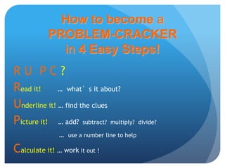 R U P C ?
Read it! … what’s it about?
Underline it! … find the clues
Picture it! … add? subtract? multiply? divide?
… use a number line to help
Calculate it! … work it out !
How to become a
PROBLEM-CRACKER
in 4 Easy Steps!
 