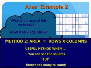 What is the area of this
rectangle? …
HOW MANY SQUARES?
Too many squares to count!
Is there an easier way?
You can see there are 6 rows with 10
in each row
= 60 squares
METHOD 2: AREA = ROWS X COLUMNS
USEFUL METHOD WHEN …
- You can see the squares
BUT
-there’s too many to count!
Area Example 2
 