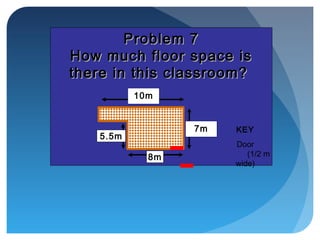 Problem 7Problem 7
How much floor space isHow much floor space is
there in this classroom?there in this classroom?
KEY
Door
(1/2 m
wide)
10m
7m
5.5m
8m
 