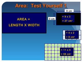 AREA =AREA =
LENGTH X WIDTHLENGTH X WIDTH
Area: Test Yourself 1Area: Test Yourself 1
9 cm
3 cm
= 9 x 3= 9 x 3
= 27 cm= 27 cm²²
= 4 x 2= 4 x 2
= 8 cm= 8 cm²²
= 11 x 5= 11 x 5
= 55 cm= 55 cm²²
 