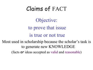 Claims of FACT
Objective:
to prove that issue
is true or not true
Most used in scholarship because the scholar’s task is
to generate new KNOWLEDGE
(facts or ideas accepted as valid and reasonable)
 