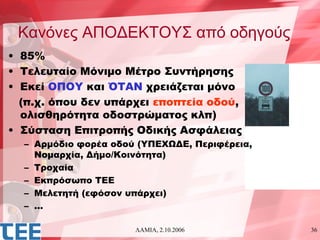 Κανόνες ΑΠΟΔΕΚΤΟΥΣ από οδηγούς
• 85%
• Τελευταίο Μόνιμο Μέτρο Συντήρησης
• Εκεί ΟΠΟΥ και ΌΤΑΝ χρειάζεται μόνο
  (π.χ. όπου δεν υπάρχει εποπτεία οδού,
  ολισθηρότητα οδοστρώματος κλπ)
• Σύσταση Επιτροπής Οδικής Ασφάλειας
  – Αρμόδιο φορέα οδού (ΥΠΕΧΩΔΕ, Περιφέρεια,
    Νομαρχία, Δήμο/Κοινότητα)
  – Τροχαία
  – Εκπρόσωπο ΤΕΕ
  – Μελετητή (εφόσον υπάρχει)
  – …

                      ΛΑΜΙΑ, 2.10.2006         36
 