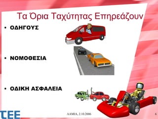 Τα Όρια Ταχύτητας Επηρεάζουν
• ΟΔΗΓΟΥΣ




• ΝΟΜΟΘΕΣΙΑ




• ΟΔΙΚΗ ΑΣΦΑΛΕΙΑ



                   ΛΑΜΙΑ, 2.10.2006   6
 