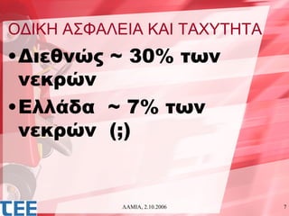 ΟΔΙΚΗ ΑΣΦΑΛΕΙΑ ΚΑΙ ΤΑΧΥΤΗΤΑ
•Διεθνώς ~ 30% των
 νεκρών
•Ελλάδα ~ 7% των
 νεκρών (;)


            ΛΑΜΙΑ, 2.10.2006   7
 