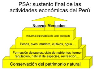 PSA: sustento final de las actividades económicas del Perú Formación de suelos, ciclo de nutrientes, termo-regulación, habitat de especies, recreación …. Conservación del patrimonio natural Peces, aves, madera, cultivos, agua… Industria exportadora de valor agregado Nuevos Mercados 
