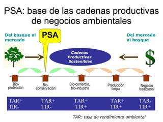PSA: base de las cadenas productivas de negocios ambientales TAR+ TAR+ TAR+   TAR+  TAR- TIR- TIR-  TIR+   TIR+ TIR+ Bio-protección Bio-comercio,  bio-industria Bio-conservación Producción limpia Del bosque al mercado Negocio tradicional Cadenas  Productivas  Sostenibles Del mercado al bosque TAR: tasa de rendimiento ambiental PSA 