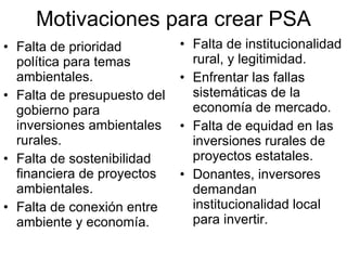Motivaciones para crear PSA Falta de prioridad política para temas ambientales. Falta de presupuesto del gobierno para inversiones ambientales rurales. Falta de sostenibilidad financiera de proyectos ambientales. Falta de conexión entre ambiente y economía. Falta de institucionalidad rural, y legitimidad. Enfrentar las fallas sistemáticas de la economía de mercado. Falta de equidad en las inversiones rurales de proyectos estatales. Donantes, inversores demandan institucionalidad local para invertir. 