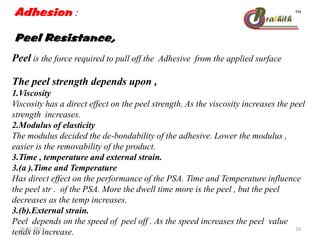 Adhesion :
Peel Resistance,
Peel is the force required to pull off the Adhesive from the applied surface
The peel strength depends upon ,
1.Viscosity
Viscosity has a direct effect on the peel strength. As the viscosity increases the peel
strength increases.
2.Modulus of elasticity
The modulus decided the de-bondability of the adhesive. Lower the modulus ,
easier is the removability of the product.
3.Time , temperature and external strain.
3.(a ).Time and Temperature
Has direct effect on the performance of the PSA. Time and Temperature influence
the peel str . of the PSA. More the dwell time more is the peel , but the peel
decreases as the temp increases.
3.(b).External strain.
Peel depends on the speed of peel off . As the speed increases the peel value
tends to increase.28-01-2013 16
 