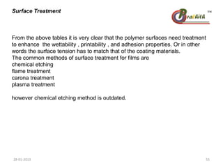 Surface Treatment
From the above tables it is very clear that the polymer surfaces need treatment
to enhance the wettability , printability , and adhesion properties. Or in other
words the surface tension has to match that of the coating materials.
The common methods of surface treatment for films are
chemical etching
flame treatment
carona treatment
plasma treatment
however chemical etching method is outdated.
28-01-2013 55
 