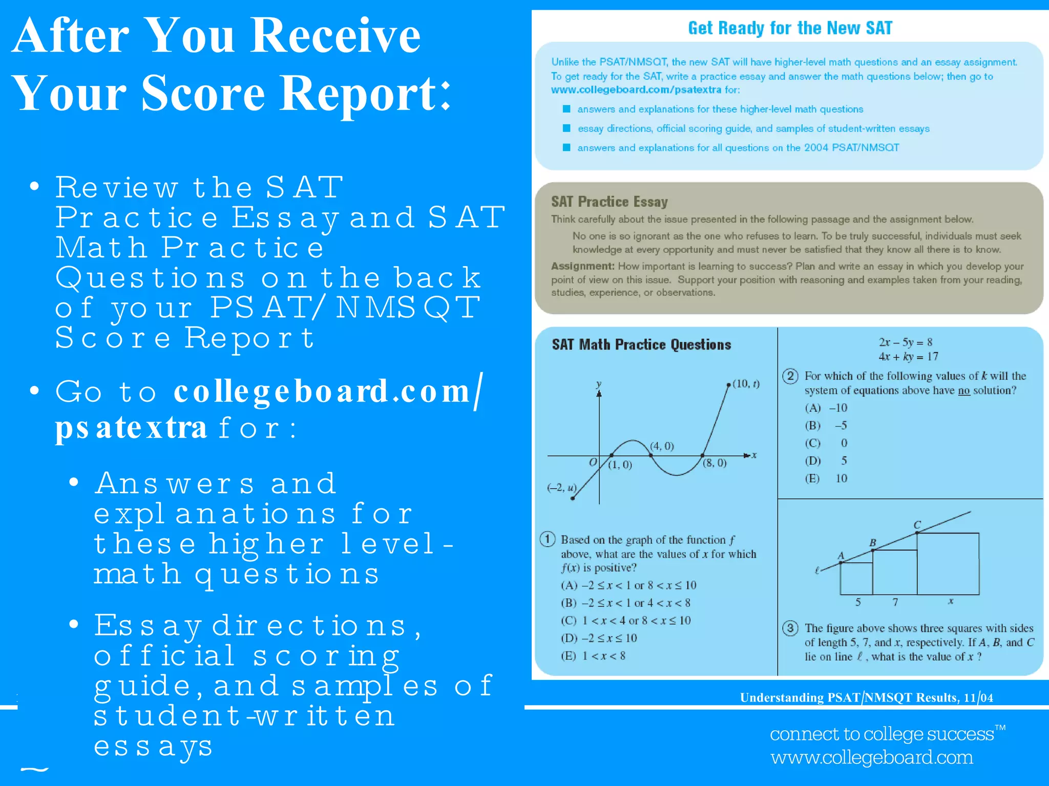 After You Receive Your Score Report: Review the SAT Practice Essay and SAT Math Practice Questions on the back of your PSAT/NMSQT Score Report Go to  collegeboard.com/ psatextra  for: Answers and explanations for these higher level-math questions Essay directions, official scoring guide, and samples of student-written essays 