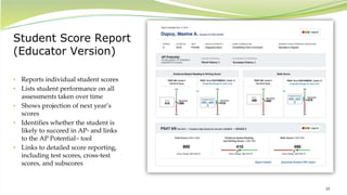 10
Student Score Report
(Educator Version)
• Reports individual student scores
• Lists student performance on all
assessments taken over time
• Shows projection of next year’s
scores
• Identifies whether the student is
likely to succeed in AP® and links
to the AP PotentialTM tool
• Links to detailed score reporting,
including test scores, cross-test
scores, and subscores
 