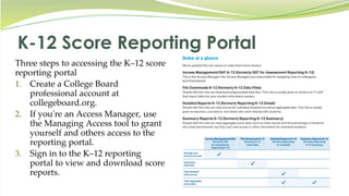 K-12 Score Reporting Portal
Three steps to accessing the K–12 score
reporting portal
1. Create a College Board
professional account at
collegeboard.org.
2. If you're an Access Manager, use
the Managing Access tool to grant
yourself and others access to the
reporting portal.
3. Sign in to the K–12 reporting
portal to view and download score
reports.
 