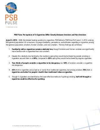 © 2014 PENN SCHOEN AND BERLAND ASSOCIATES LLC.
PSBRESEARCH.COM
1
PSB Pulse: Perceptions of E-Cigarettes Differ Greatly Between Smokers and Non-Smokers
June 23, 2014 – With the debate heating up about e-cigarettes, PSB fielded a PSB Pulse Poll June 2-3, 2014, among
800 general population US consumers, to gauge familiarity, perceptions, and attitudes regarding e-cigarettes among
the general population, smokers, former-smokers, and non-smokers. The key findings are as follows:
1. Familiarity with e-cigarettes remains relatively low, though Smokers and former-smokers are significantly
more familiar with e-cigarettes than non-smokers.
2. Despite this relatively low familiarity, the numbers saying they would be bothered by people smoking e-
cigarettes around them is at 60%, compared to 85% saying they would be bothered by regular cigarettes.
3. Two-thirds of people consider e-cigarettes to be dangerous, but 58% of smokers consider e-cigarettes
not dangerous.
4. 43% think e-cigarettes are as bad as or worse than traditional cigarettes, but among smokers 70% think e-
cigarettes are better for people’s health than traditional tobacco cigarettes.
5. Though E-cigarettes are identified as the least effective method of quitting smoking, half still thought e-
cigarettes could be effective for quitting.
 