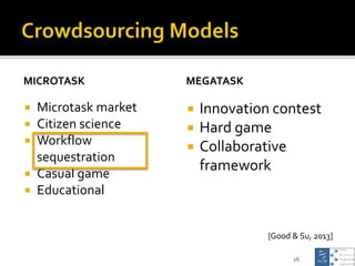 MICROTASK
 Microtask market
 Citizen science
 Workflow
sequestration
 Casual game
 Educational
MEGATASK
 Innovation ...